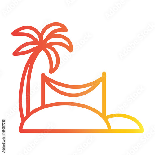 Vibrant gradient icon of a serene tropical escape, featuring a palm tree and hammock on a sandy island beach for summer vacation