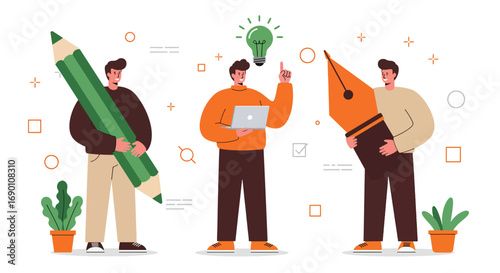 Creative Team Illustrating Ideas with Giant Tools.