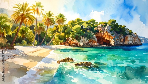 Serene Tropical Beach with Lush Palm Trees and Cove
