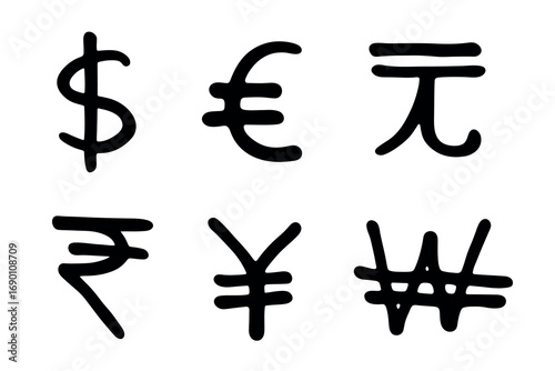 Hand drawn multiple currencies symbol set Dollar euro yuan yen won rupee