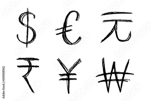 Hand drawn multiple currencies symbol set Dollar euro yuan yen won rupee
