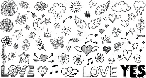 Vector vector art of collection of handdrawn doodle elements including hearts, stars, clouds, wings, and floral motifs, transparent background