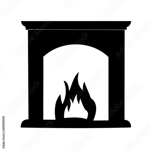 Classic black and white fireplace illustration with warm blazing flames within it