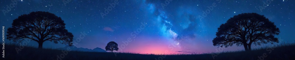 Fototapeta premium Silhouette of trees against a starlit night sky, evoking a sense of mystery and quiet contemplation Perfect for spiritual, meditation, and nature themes , shadows, awe, forest