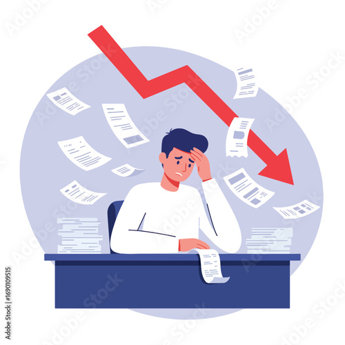 Man Stressed By Falling Business Graph and Papers.
