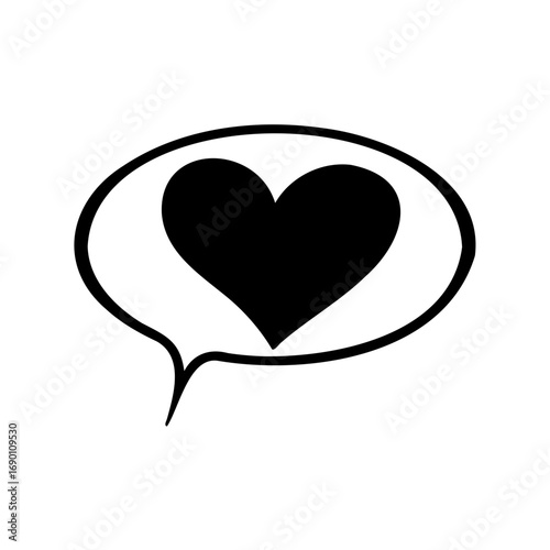 Black heart symbol inside a speech bubble, expressing love through conversation