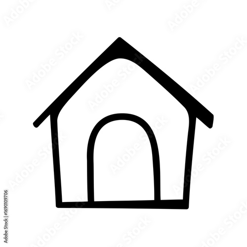 Simple black and white vector line drawing of a doghouse building