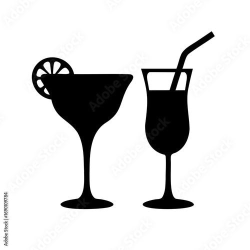 Silhouetted Illustration of Two Cocktails, One with Lemon Garnish and Straw