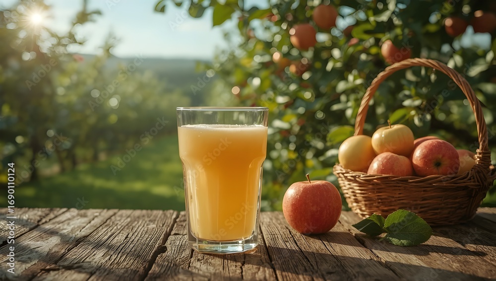 Fototapeta premium Refreshing Apple Juice in a Sunny Orchard A Taste of Autumn