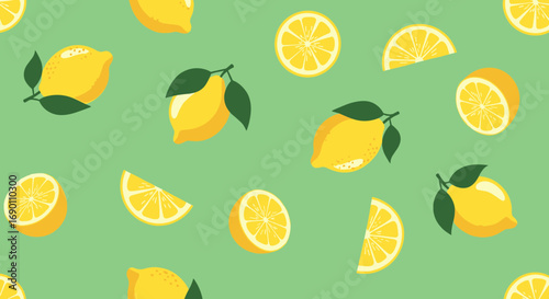 A refreshing pattern of vibrant yellow lemons and citrus slices on a light green background