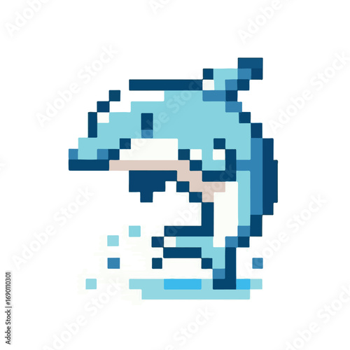 Pixel art representation of a leaping dolphin creating a splash in the water, a charming retro illustration