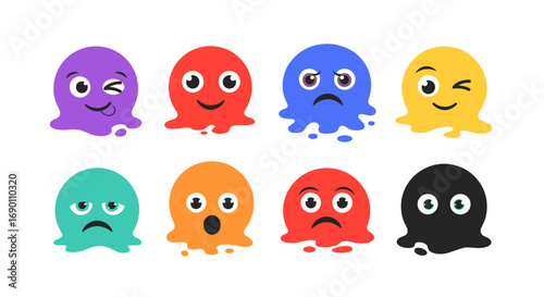 A colorful collection of eight expressive blob characters exhibiting diverse emotions and facial features on a plain white background