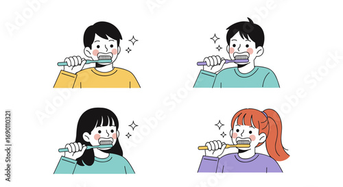 Children practicing good oral hygiene brushing their teeth together for a healthier smile