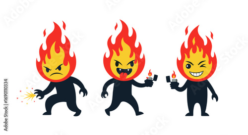 Fiery cartoon characters expressing different emotions and actions with lighters and sparks