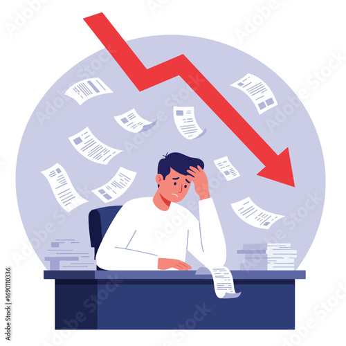 Stressed Businessman Facing Financial Decline and Paperwork.