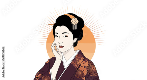 Elegant japanese woman in traditional kimono with radiant sunburst artwork style illustration
