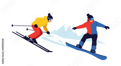 Two people enjoying winter sports on a snow-covered mountain with snowy peaks in the background