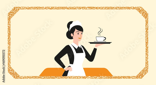 Elegant maid serving a steaming cup of coffee on a tray with a decorative border around her