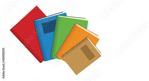 A collection of diverse books arranged artistically on a white background