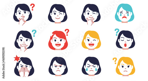 Collection of expressive female faces showing diverse emotions and feelings through facial expressions and question marks