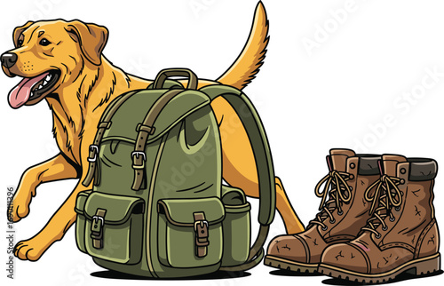 Hunting Labrador Running with Backpack and Boots Vector Design White Background