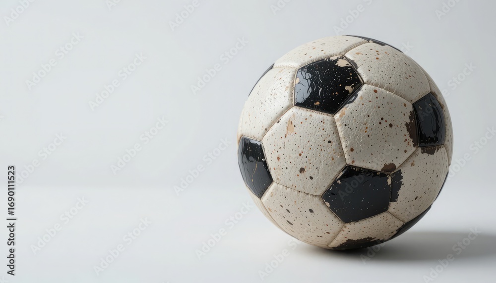 Fototapeta premium Classic, worn soccer ball with black and white panels on a plain white background, perfect for sports, games, and competition.