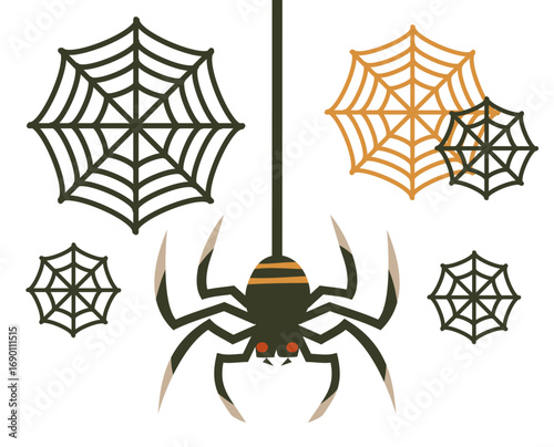 ハロウィン用のクモとクモの巣のイラスト素材セット/Halloween Spider and Spider Web Illustration Set