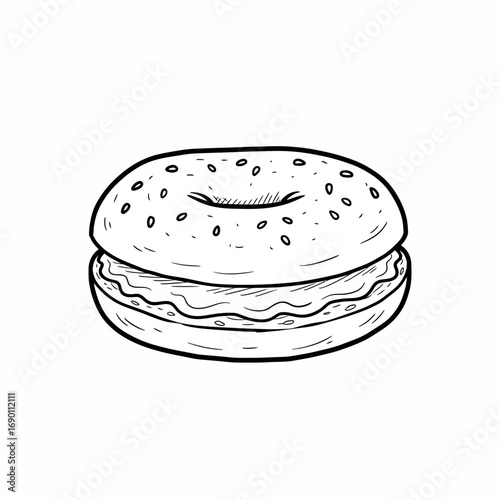 A hand-drawn illustration of a sesame seed bagel with cream cheese filling.