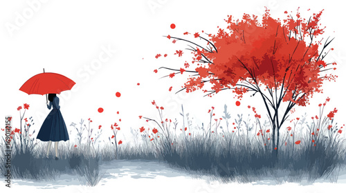 Woman with red umbrella under a red tree in a field