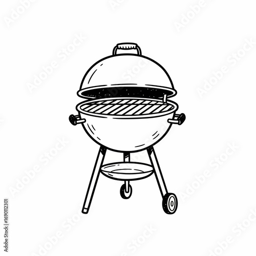 A black and white line drawing of a round barbecue grill with a lid, legs, and wheels.