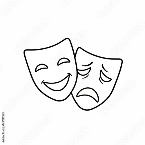 A happy and sad theatrical mask pair, simple line art design.