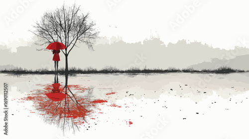 Solitary figure with red umbrella under bare tree reflected in water