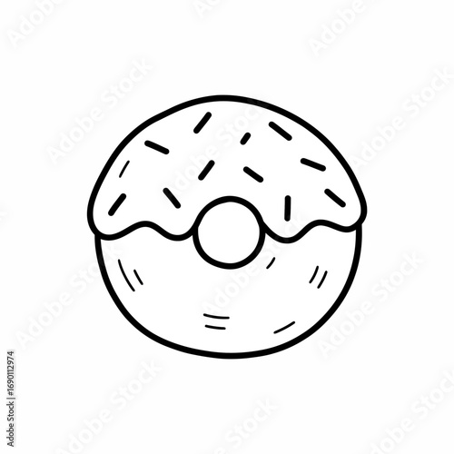 A simple line drawing of a donut with icing and sprinkles.
