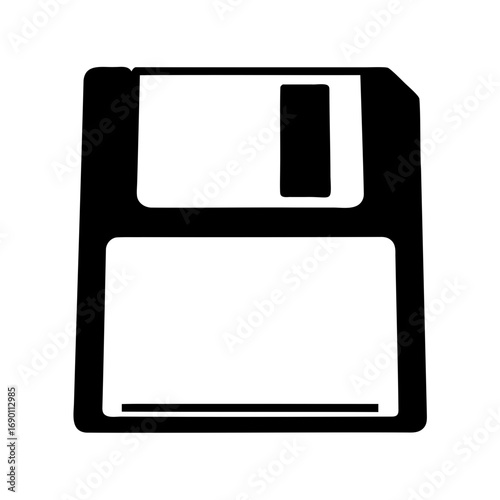 A black and white illustration of a retro computer floppy disk