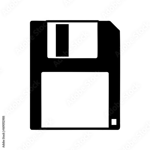 Black and white floppy disk image symbolizing old data storage media