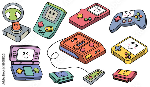 Video game hand drawn doodle set. Video gamer console vector illustration