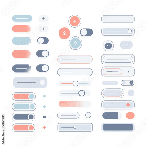 Modern UI vector set with pastel gradients. Flat design buttons, toggles, sliders & web elements. Clean lines, modular, high-res graphic