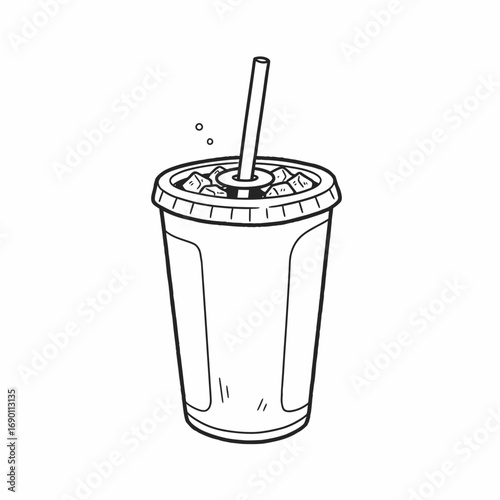 A black and white illustration of a soda cup filled with ice and a straw.