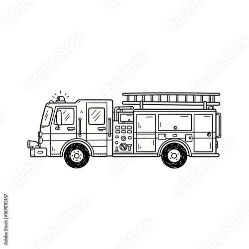 Detailed black and white illustration of a fire truck, ready for emergency response.