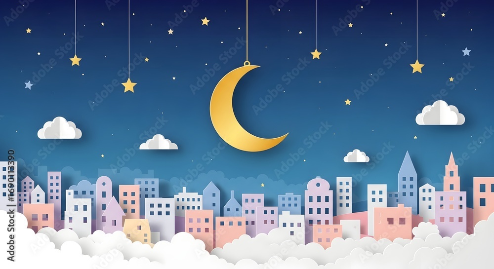 Fototapeta premium A whimsical cityscape at night with paper cut style buildings, a golden crescent moon, and twinkling stars creating a magical and dreamy atmosphere