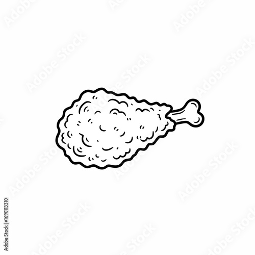 A black and white illustration of a single piece of fried chicken, isolated.