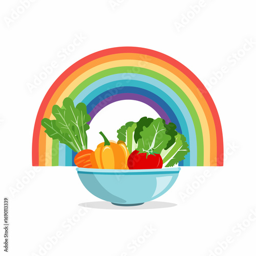 A vibrant illustration showcasing a bowl filled with colorful vegetables beneath a rainbow.