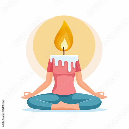 Woman meditating with a candle instead of a head.