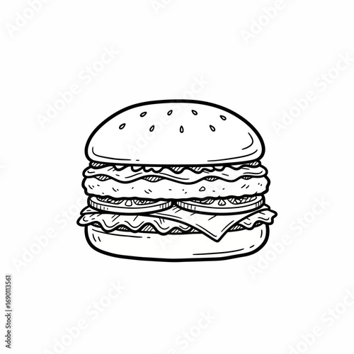 Hand-drawn illustration of a classic cheeseburger, detailed with buns, patties, cheese, and toppings.