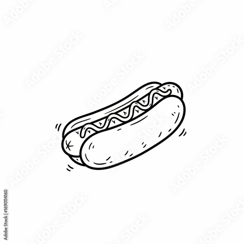 Simple black and white illustration of a hot dog with a drizzle of sauce.