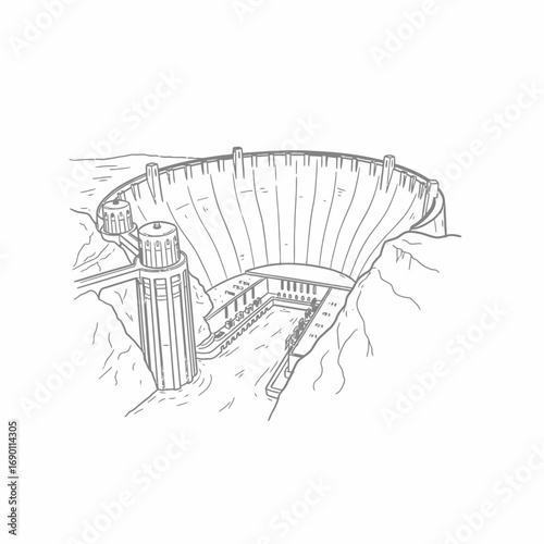 A detailed line drawing of a large concrete dam structure in a canyon.