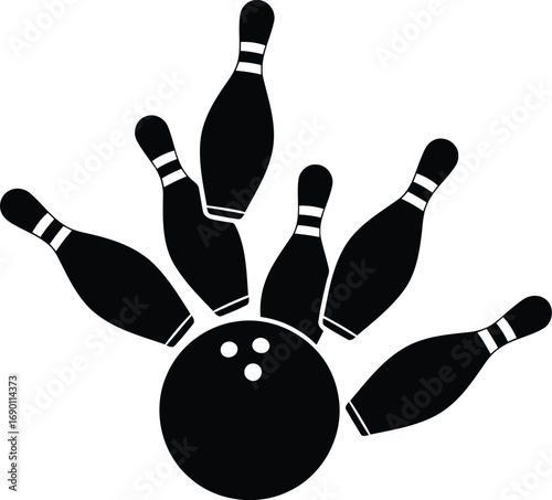 Striking bowling ball and pins silhouette sports activity game icon vector