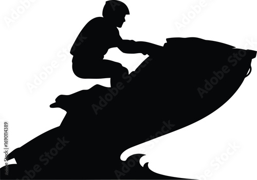 Dynamic silhouette of jet ski rider speeding across water motion activity vector