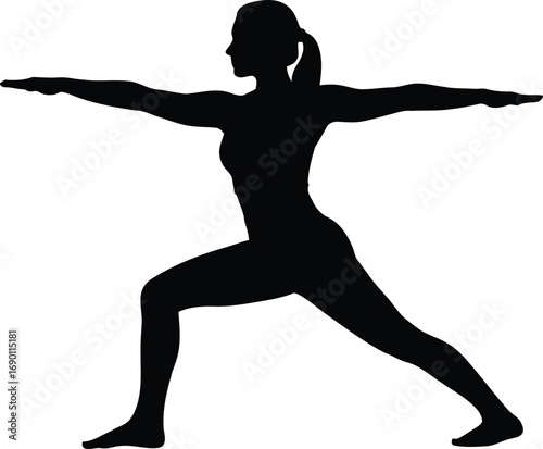 Silhouette of woman practicing yoga warrior pose stretching on vector
