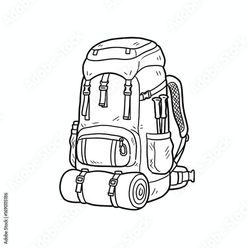 A detailed black and white illustration of a large hiking backpack, ready for adventure.